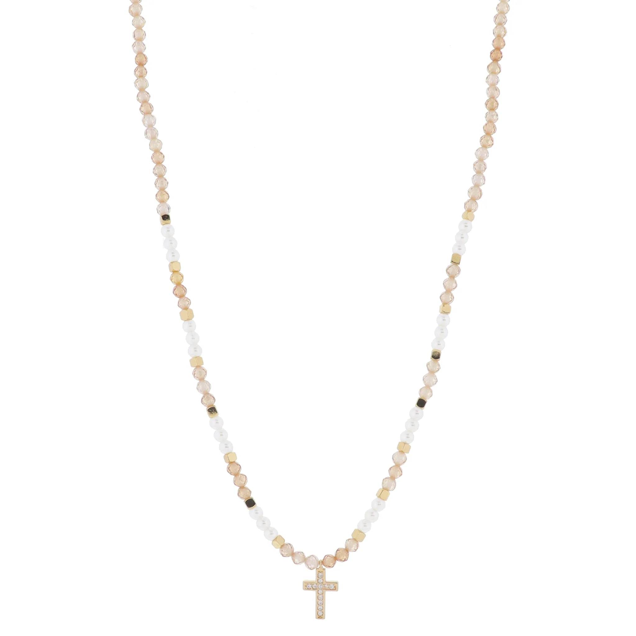 16" Champagne Faceted Sone Beaded with Pearls & Gold Beads with Crystal Cross Necklace, 3" Ext