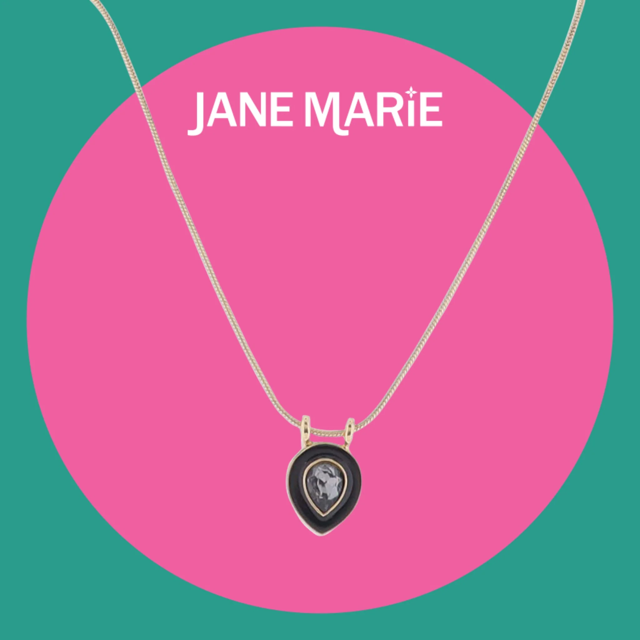 16" Gold Snake Chain Necklace with Black Enamel Teardrop & Black Diamond Crystal Teardrop Pendant