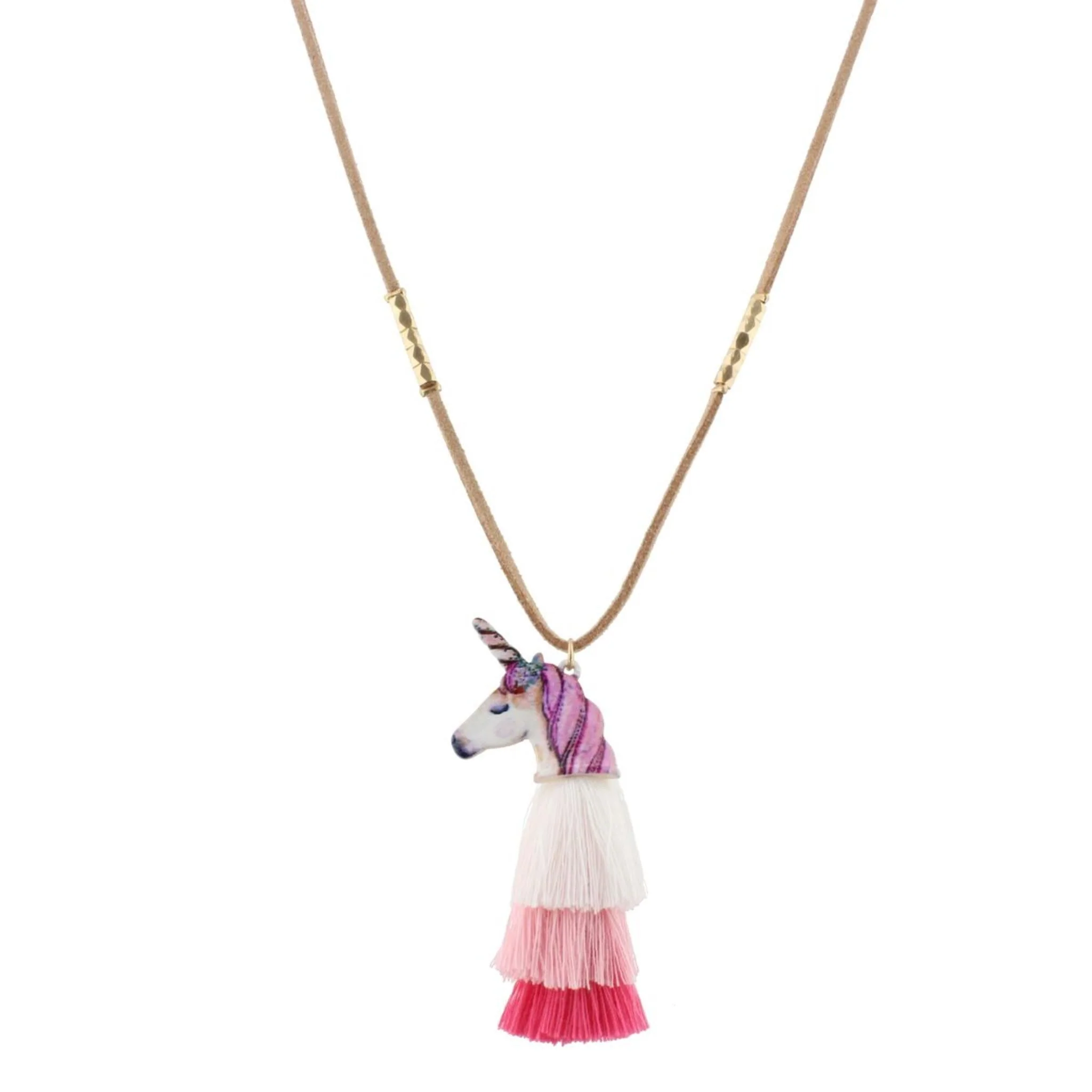 16" Kids Tan Suede Necklace with Unicorn Icon & White, Light Pink, Pink Tassel, 3" Ext