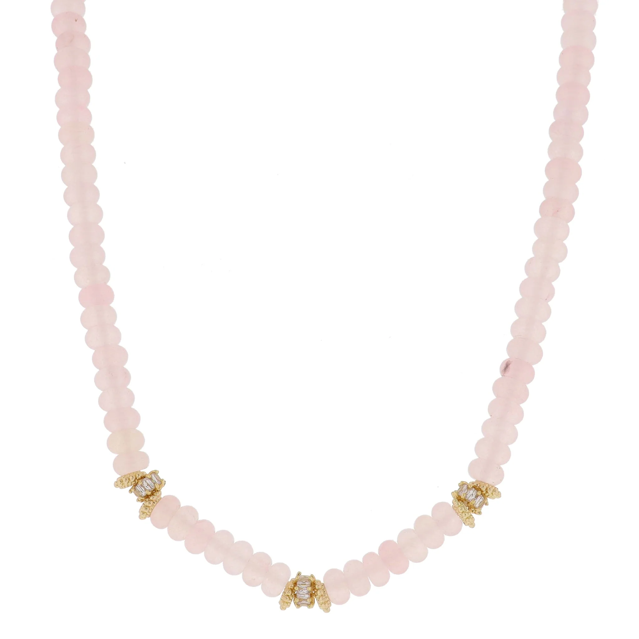 16" Rose Semi-Precious Beaded with Multi Gold and Crystal Rondel Cluster Stations Necklace, 3" Ext