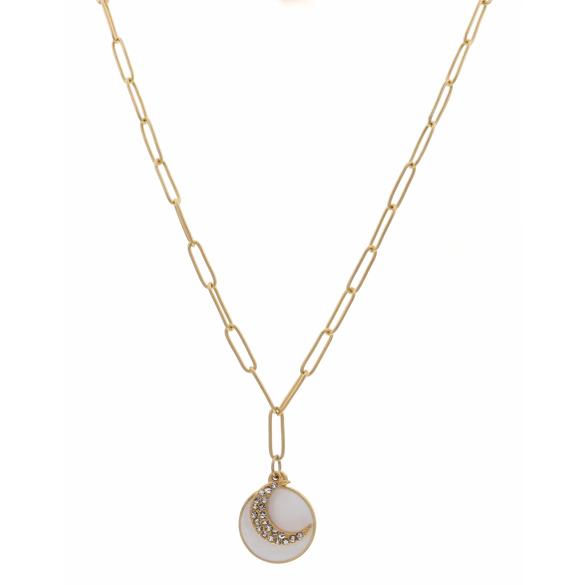 16" White Circle with Clear Crystal Moon Charm Necklace, 3" Ext