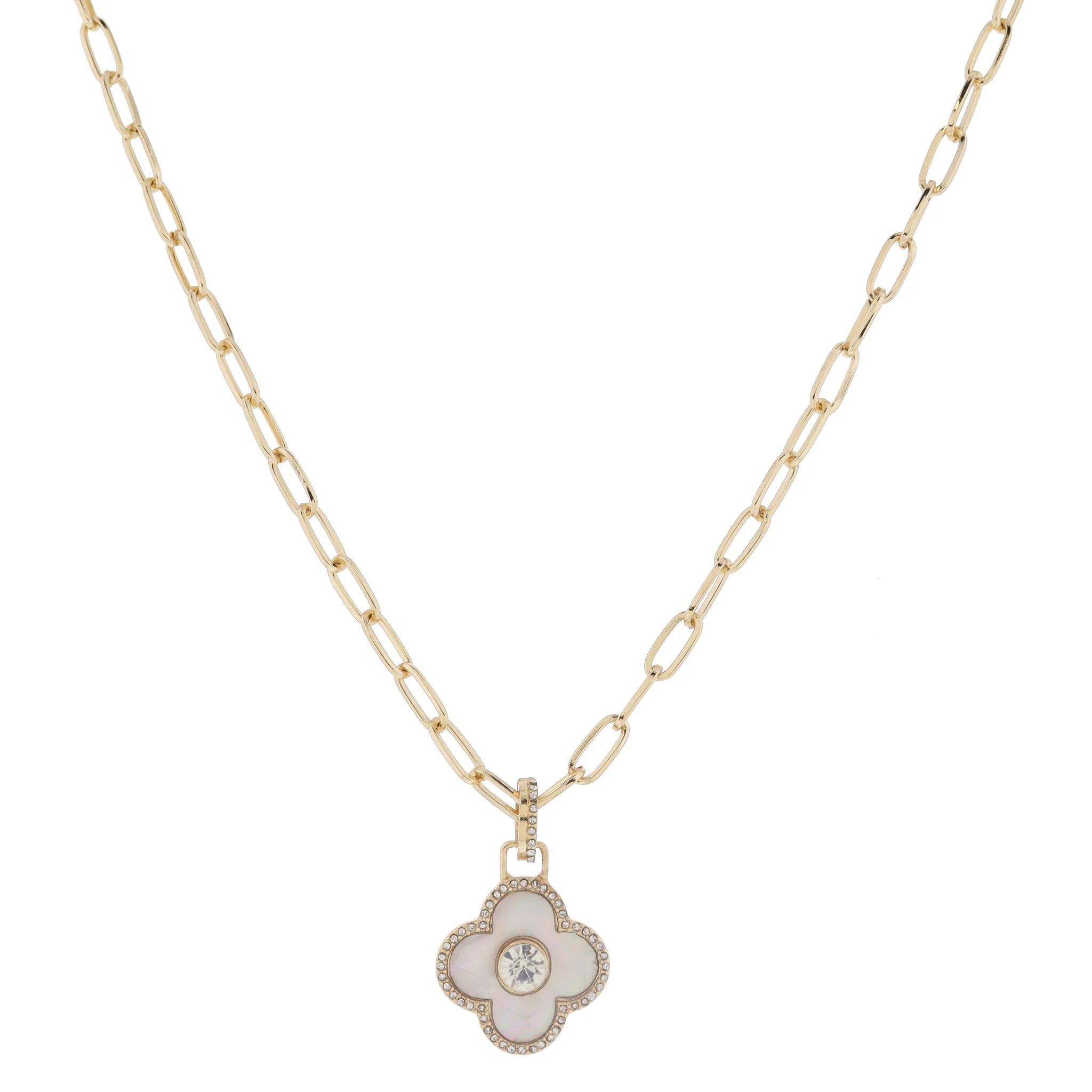 18" Crystal Ring White Shell Inlay Clover with Center Crystal & Mini Crystal Edge Necklace, 3" Ext