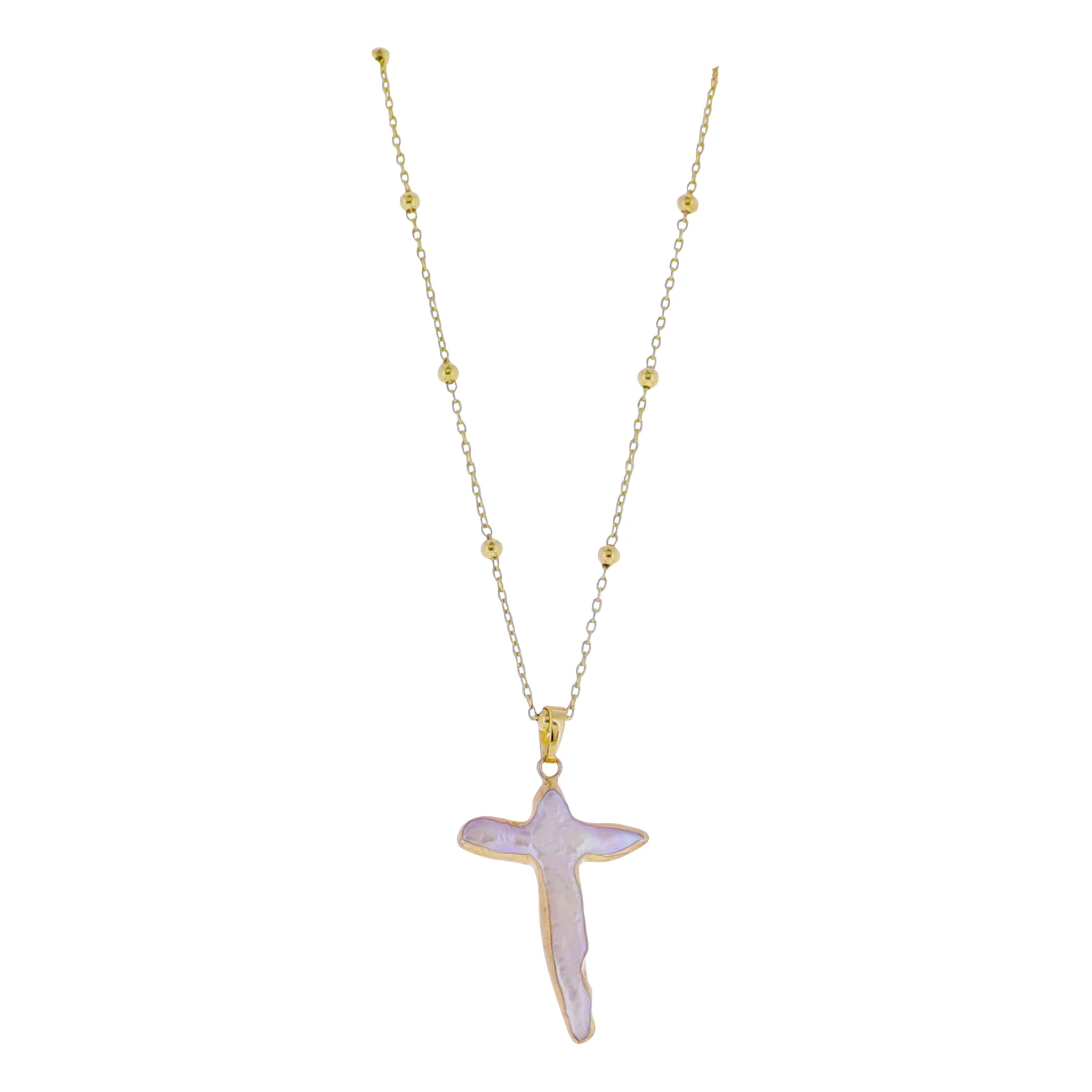 18k Gold Plated Ball Station Chain Necklace with Electroplated Pearl Cross