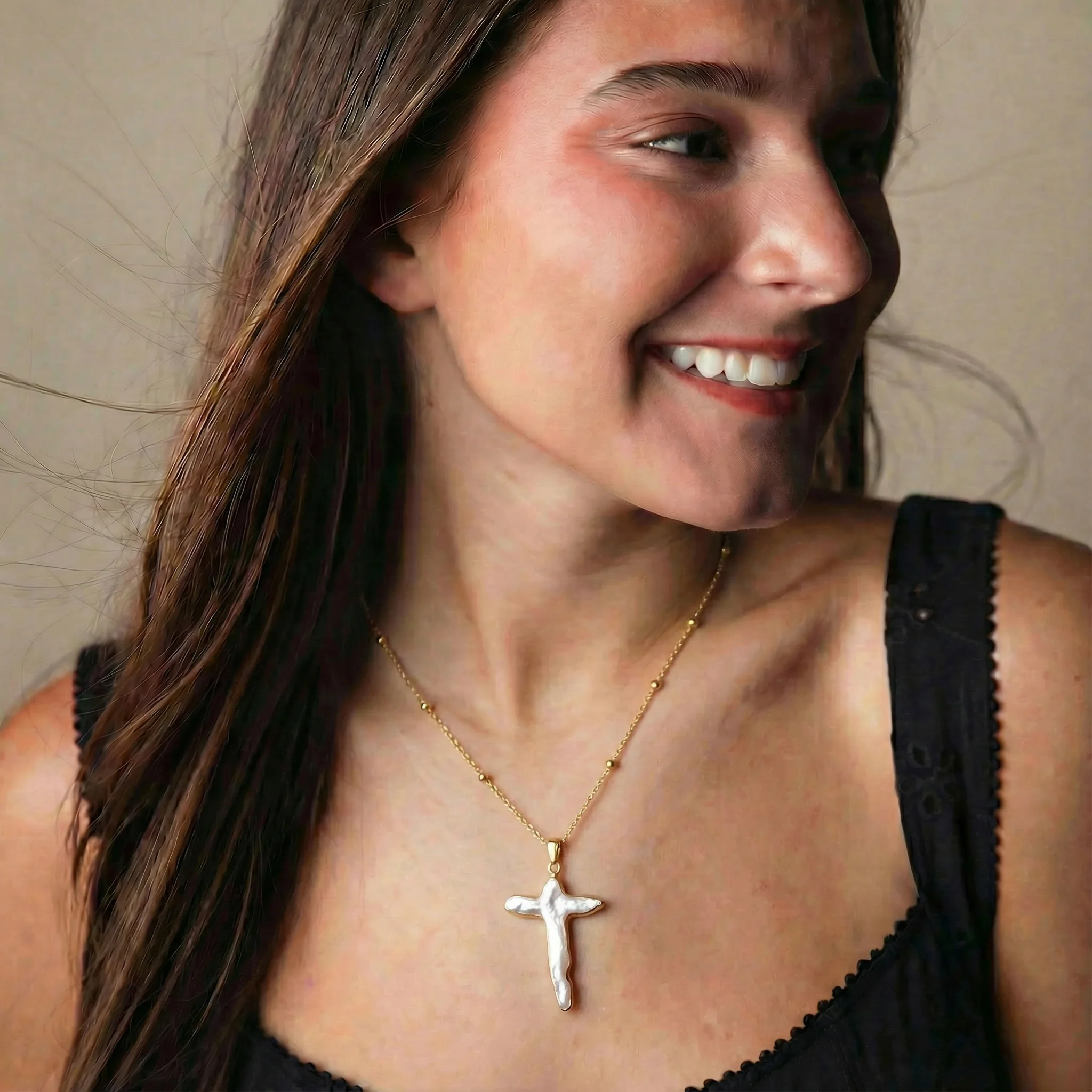 18k Gold Plated Ball Station Chain Necklace with Electroplated Pearl Cross - Image 2