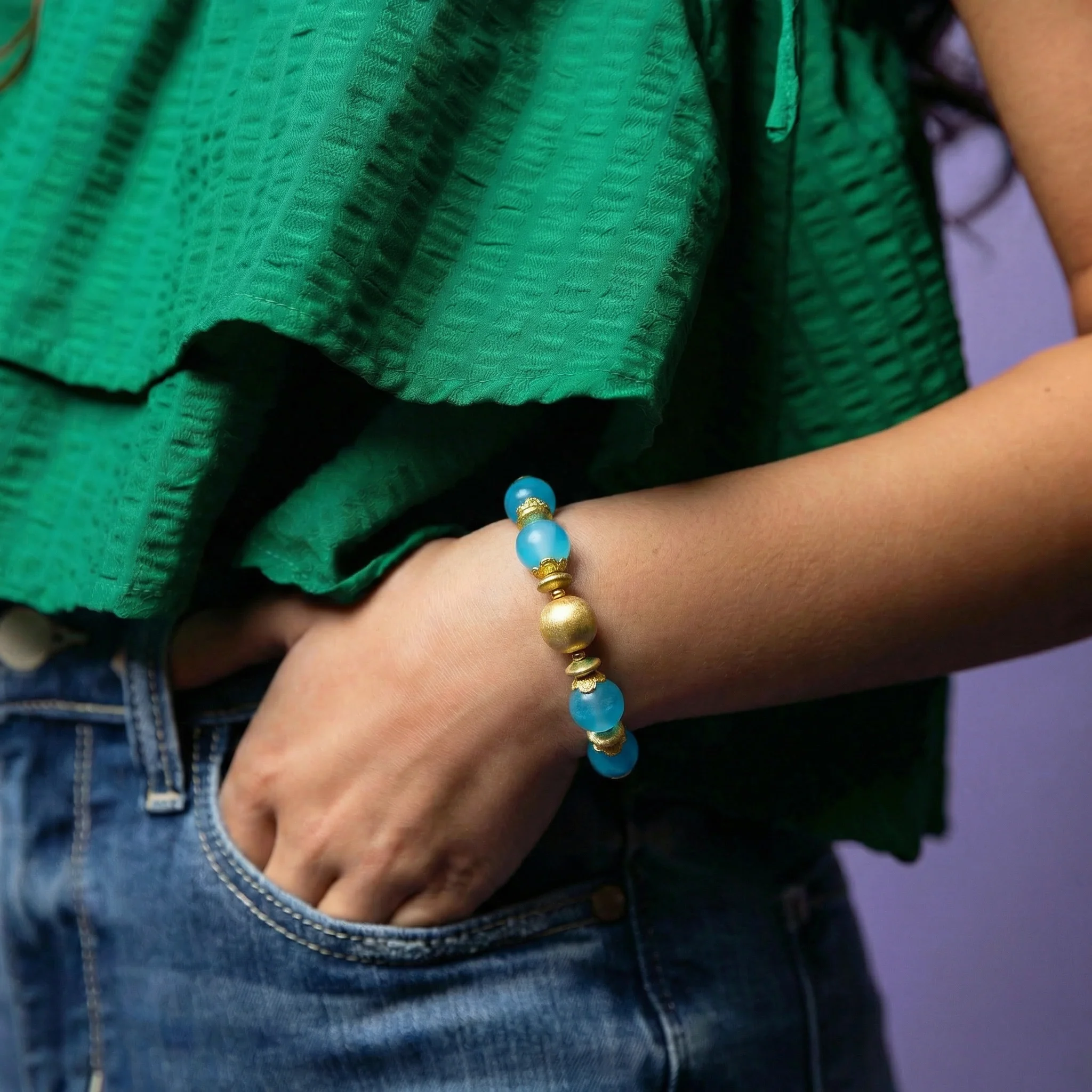 18k Gold Plated Blue Tumbled Glass Beaded Stretch Bracelet with Gold Ball and Spacers - Image 2