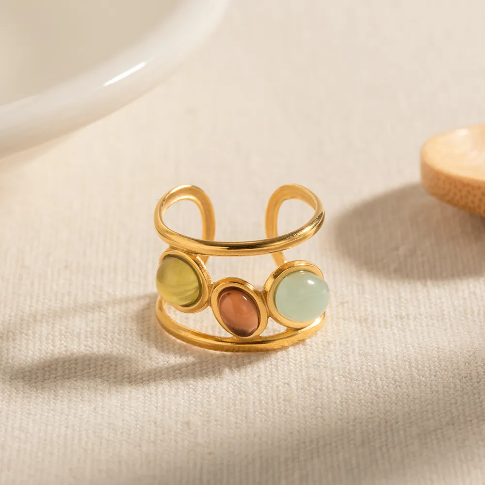 18K Gold-Plated Gemstone Open Cuff Ring - Image 3