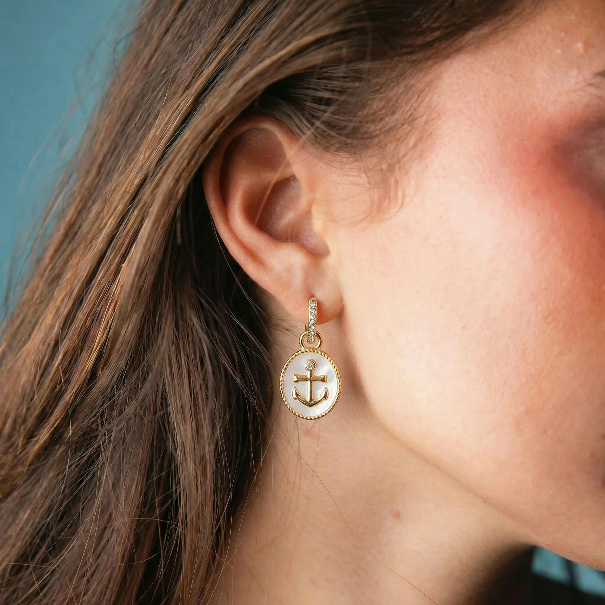 18k Gold Plated Huggie with Shell Oval with Anchor Earring - Image 2