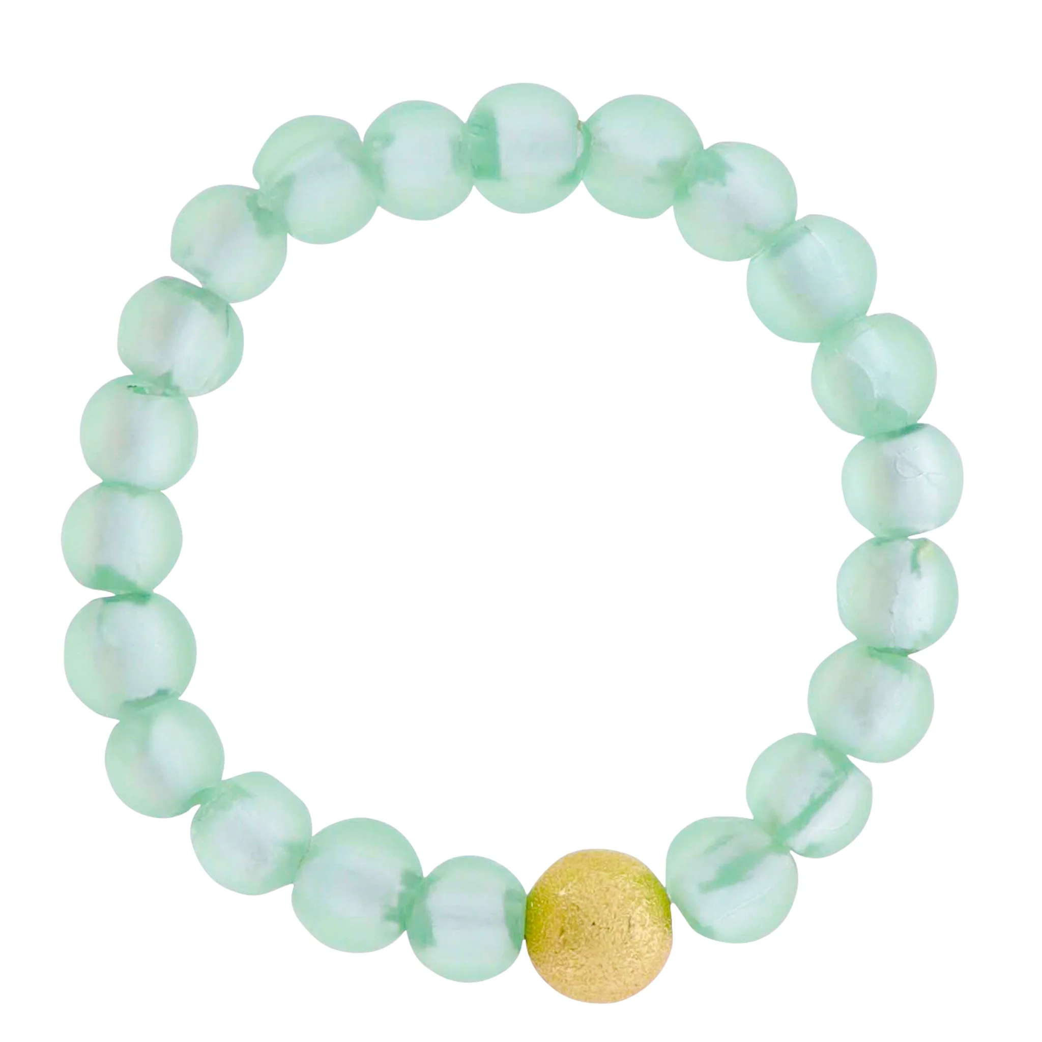 18k Gold Plated Mint Tumbled Glass Beaded Stretch Bracelet with Gold Textured Ball - Image 2