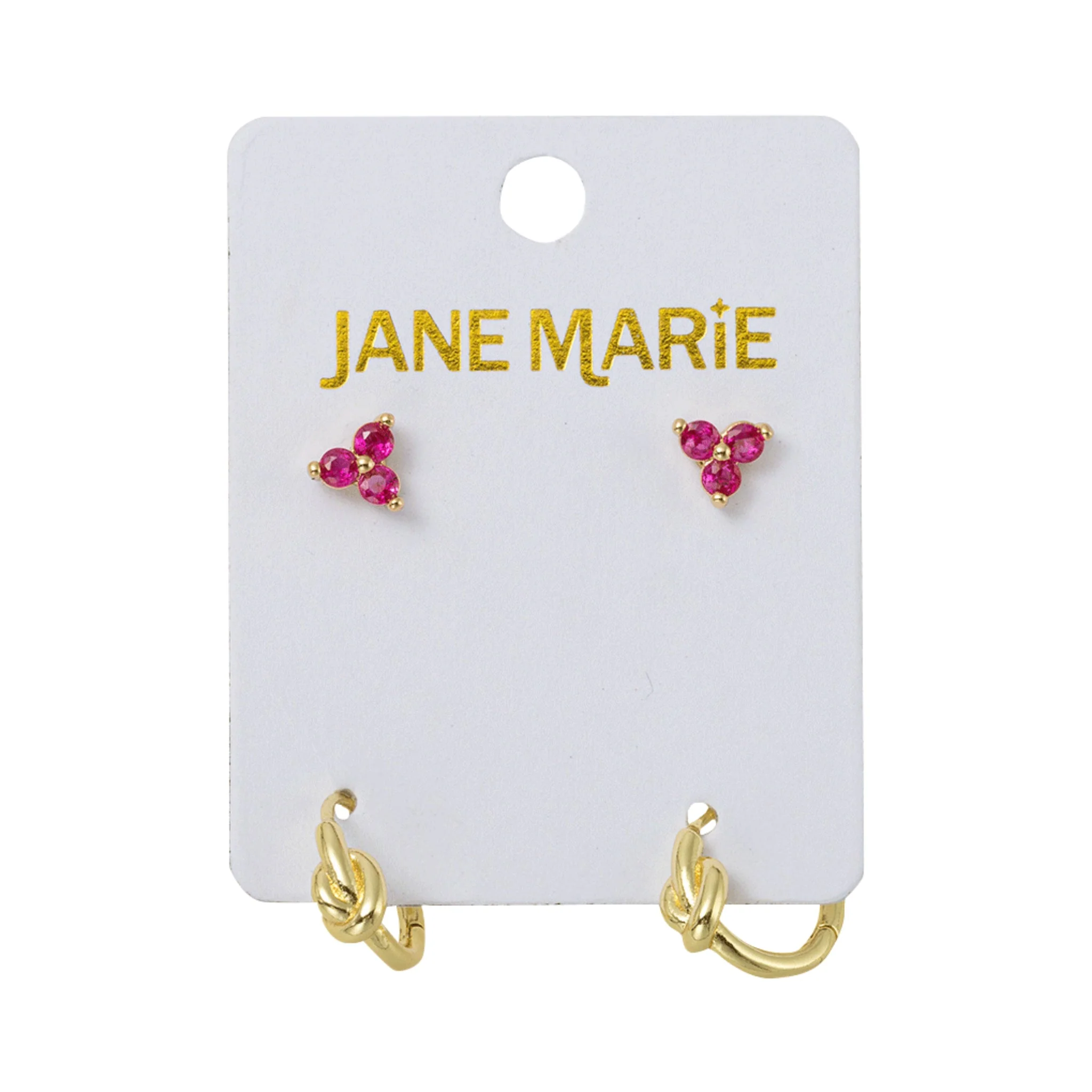 18K Gold Plated Set of 2, Pink Crystal Cluster with Gold Knot Huggie Earring