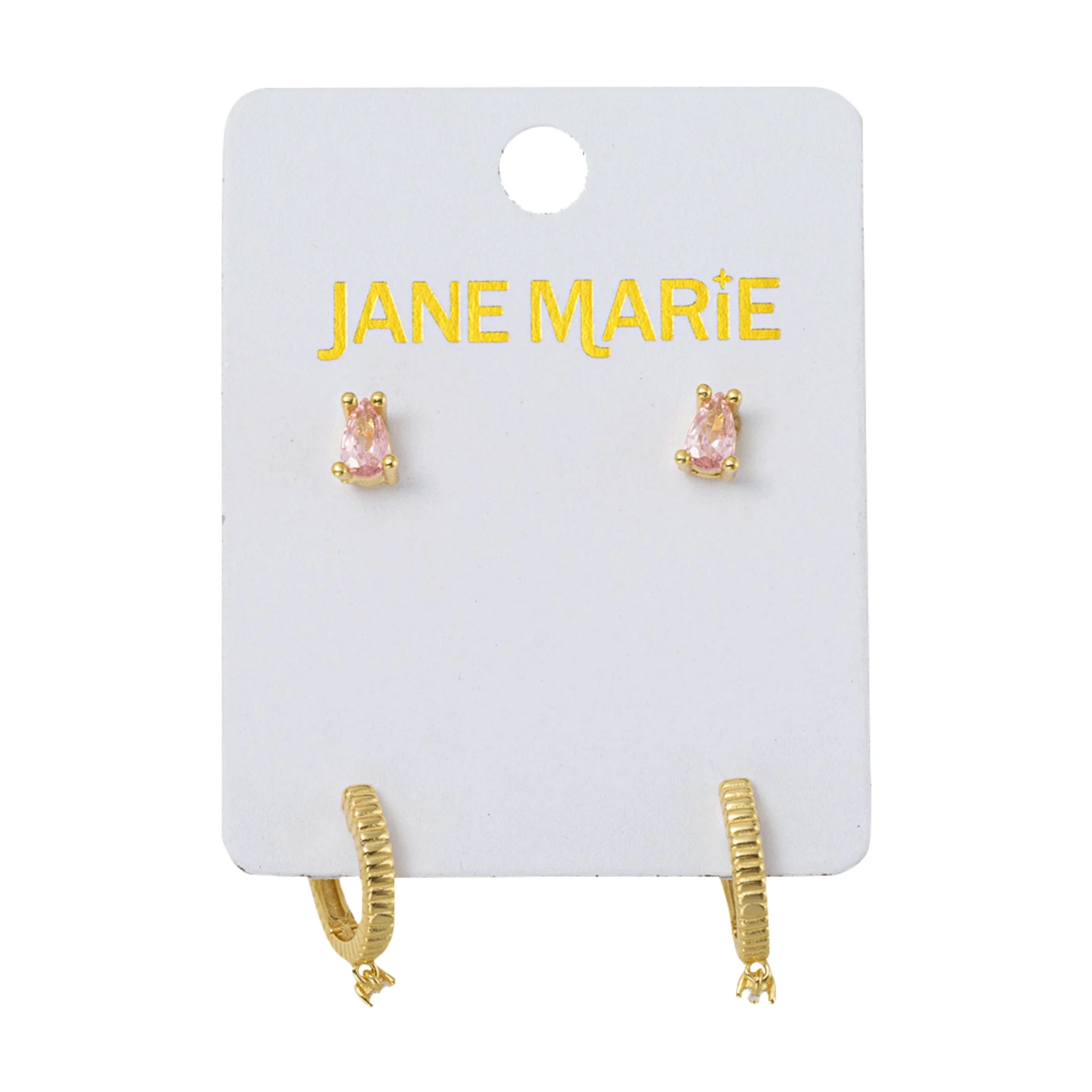 18K Gold Plated Set of 2, Pink Crystal with Clear Crystal Huggie Earring