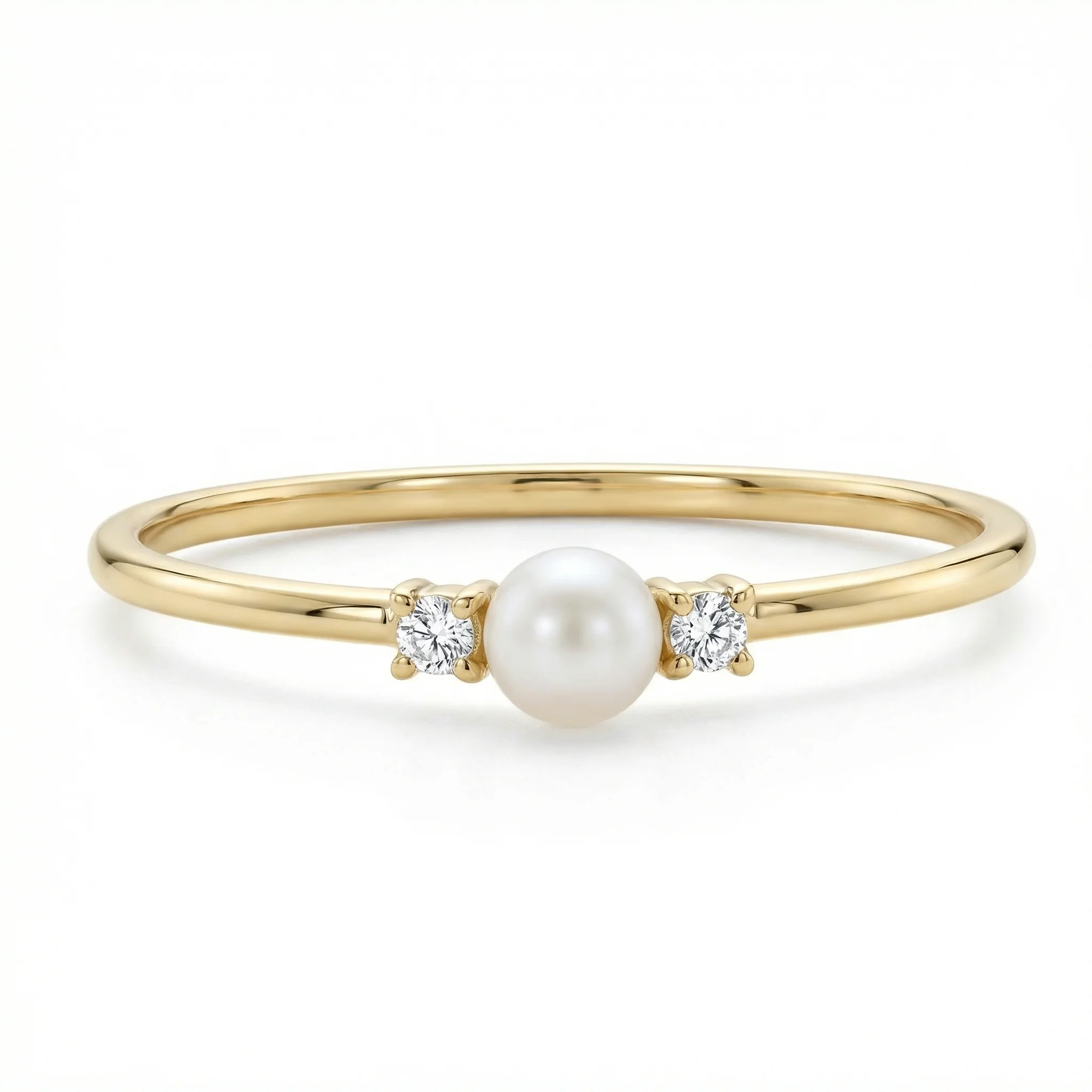18K Gold Plated Single Pearl with Crystals on either Side Ring