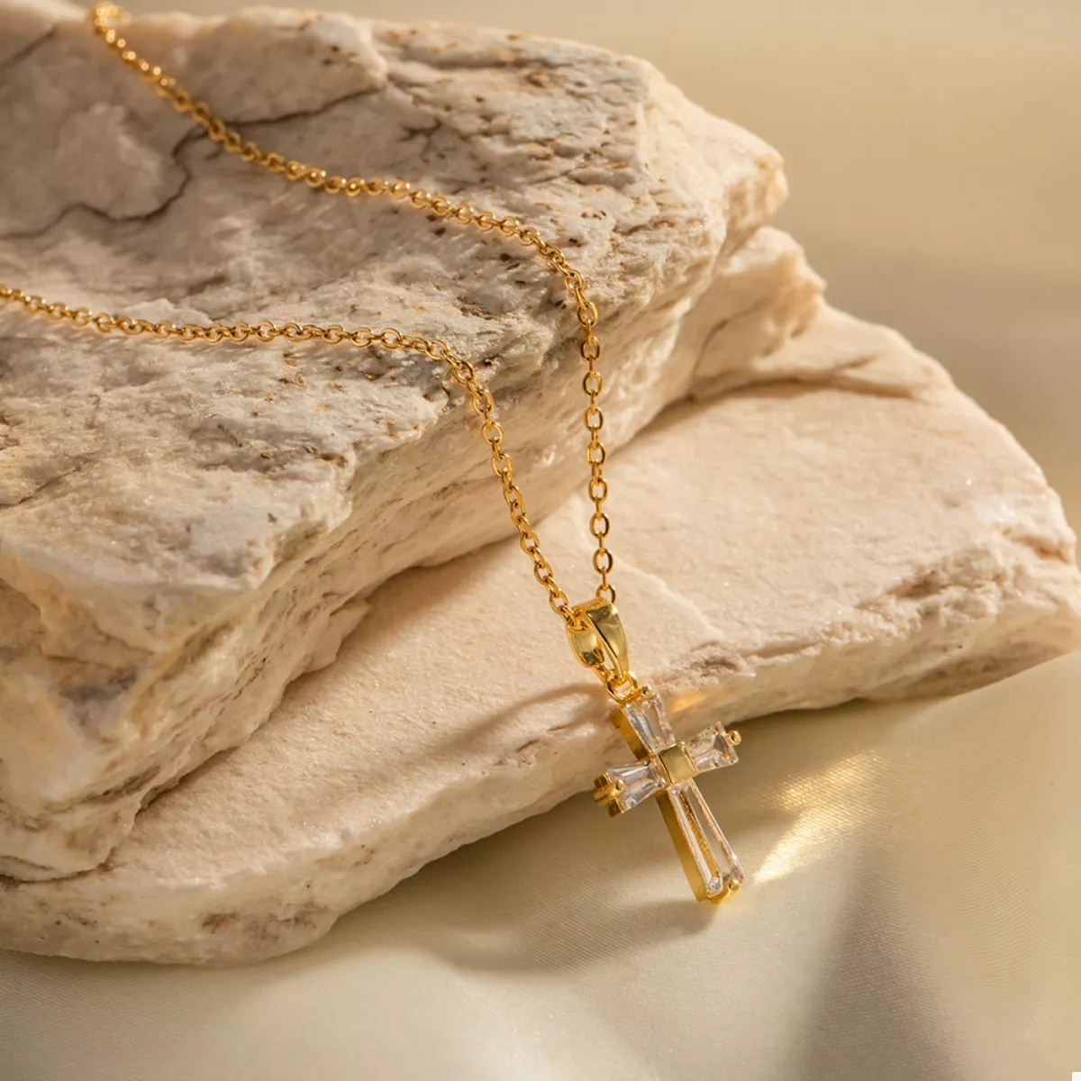 18K Gold-Plated Stainless Steel Zircon Cross Necklace - Image 6
