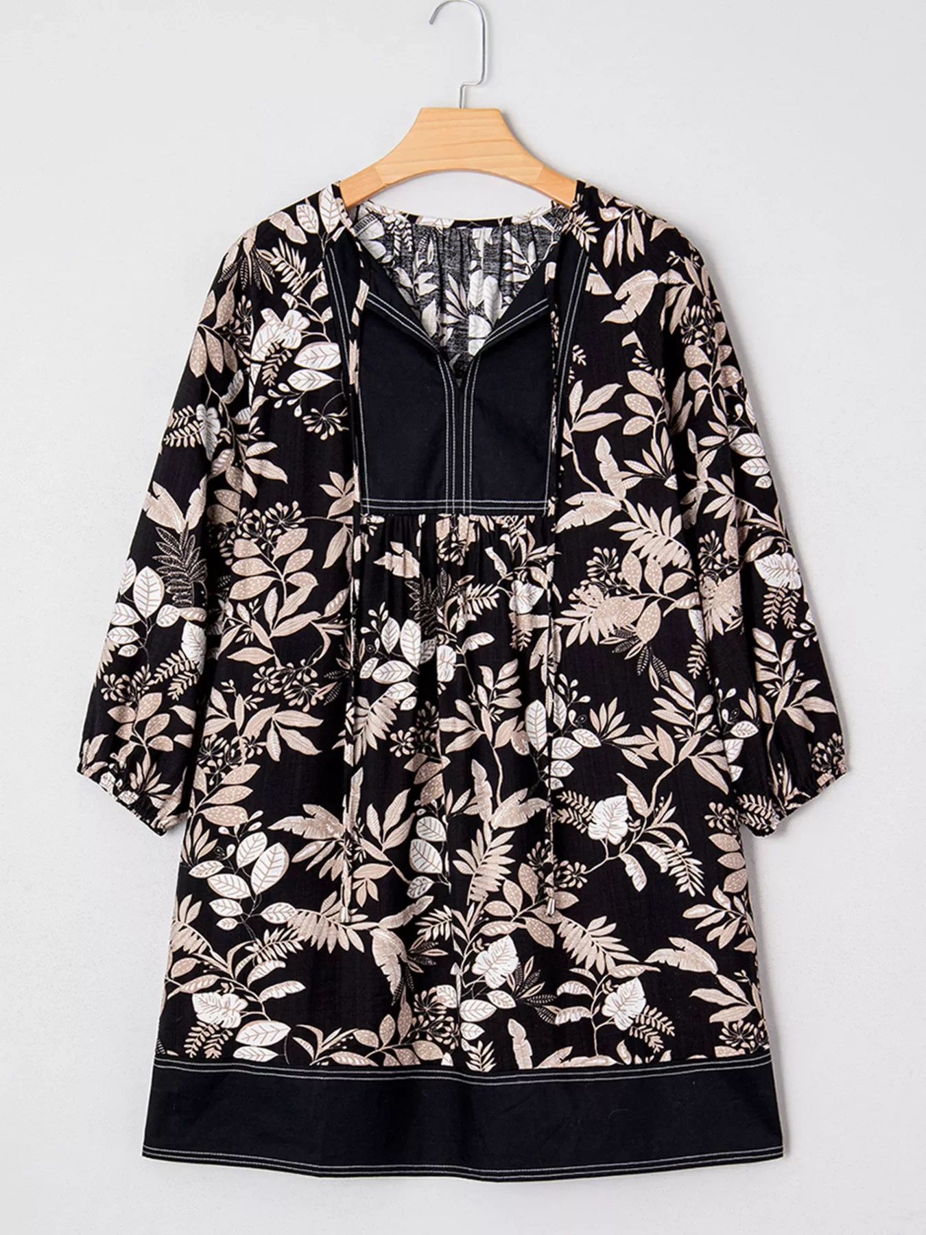 3/4 Sleeve Botanical Print Split Neck Loose Mini Dress - Image 5