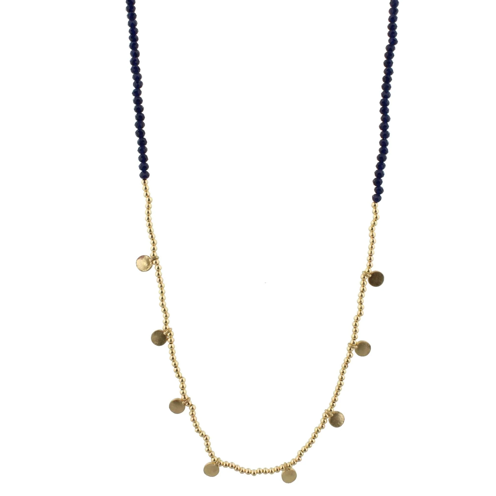 32" Navy Beaded Necklace with Gold Bead and Gold Disks, 3" Ext