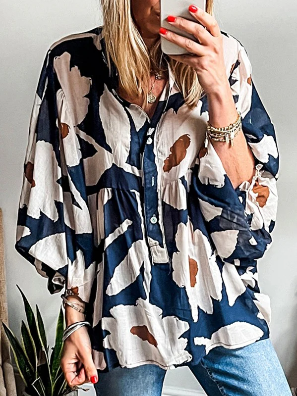 60s Flower Frill Neck Loose Blouse - Image 5