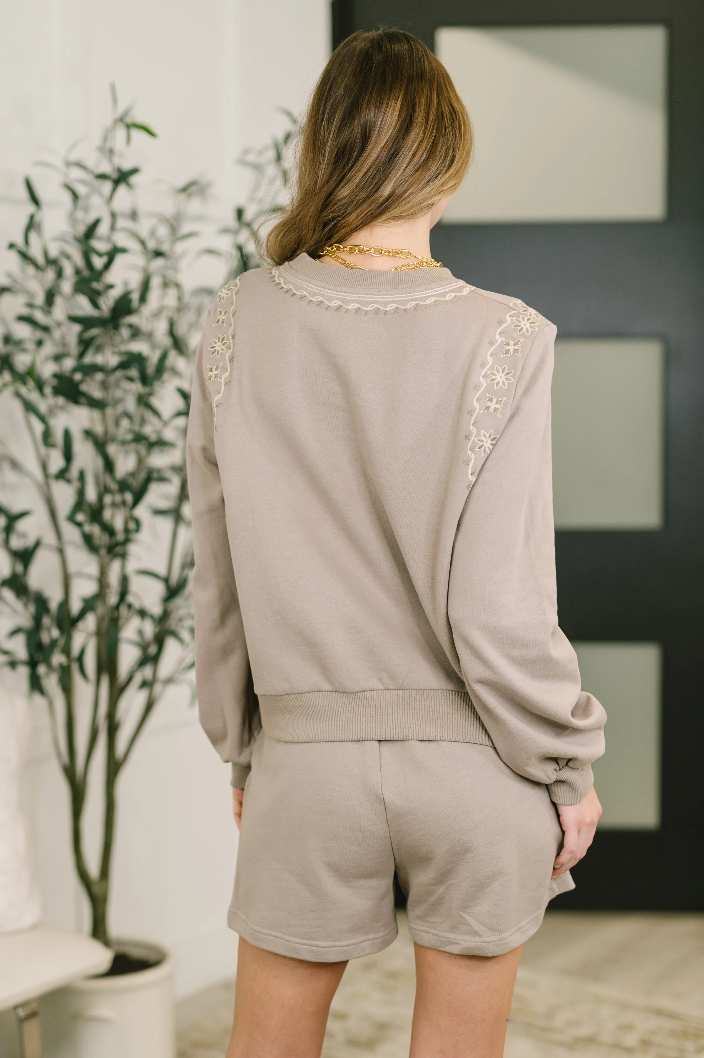 A Little Bit of Comfort Embroidered Top and Bottom Set in Taupe - Image 6