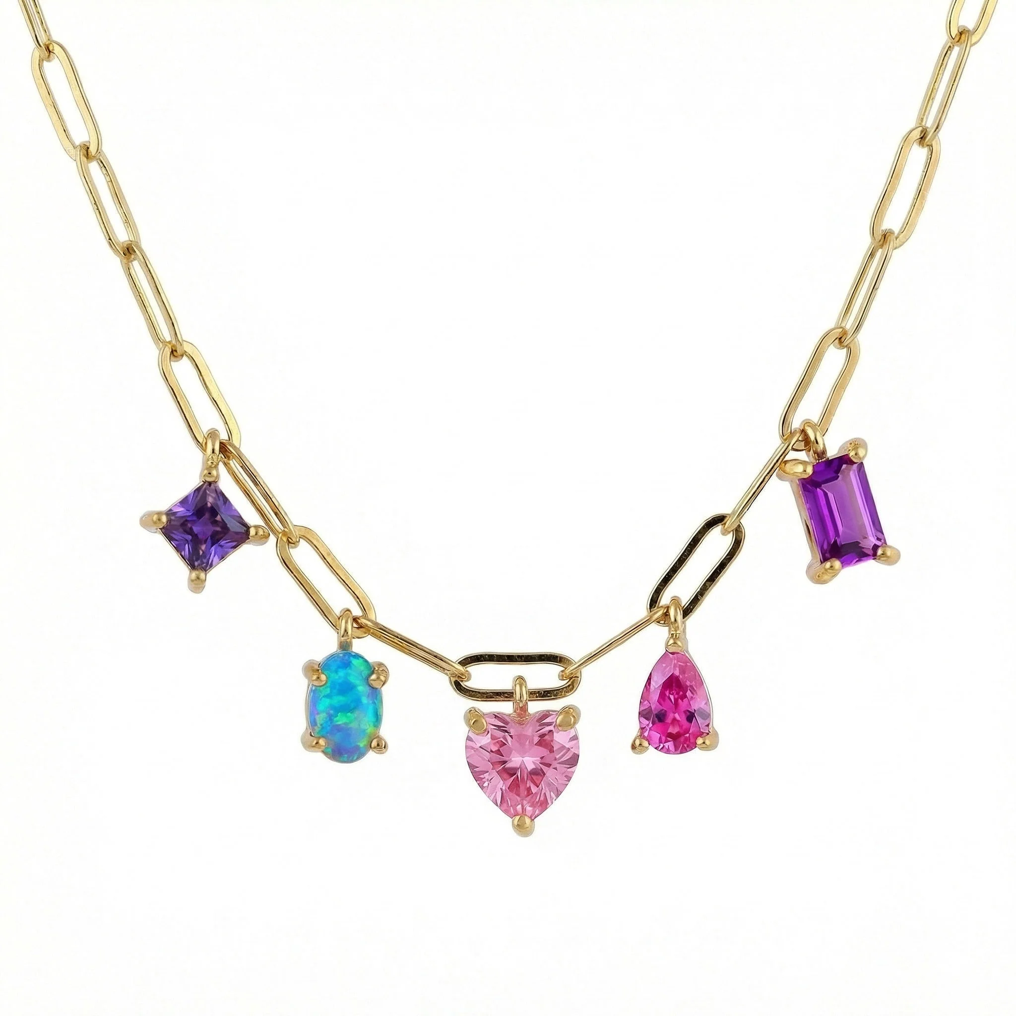 AB Square, Opal, Pink Heart, Pink Teardrop, Fuchsia Baguette Necklace, .25", .25", .25", .25", .25"