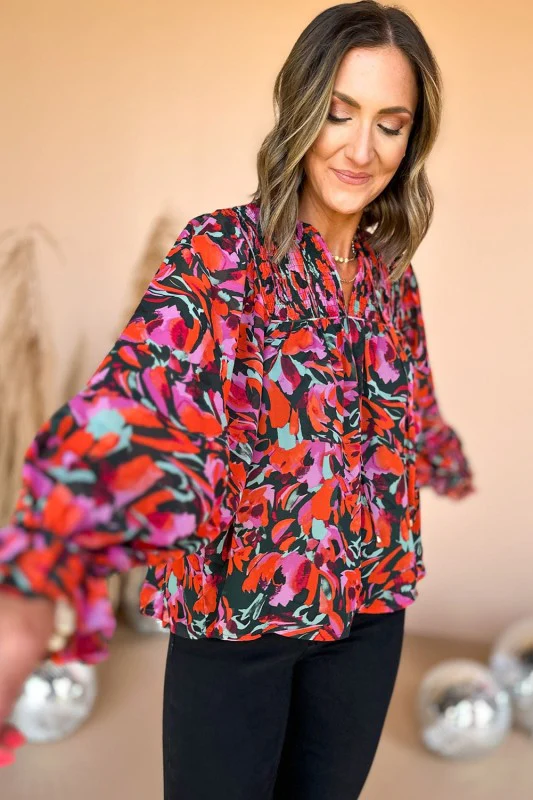 Abstract Floral Shirred Detail Puff Sleeve Blouse - Image 10
