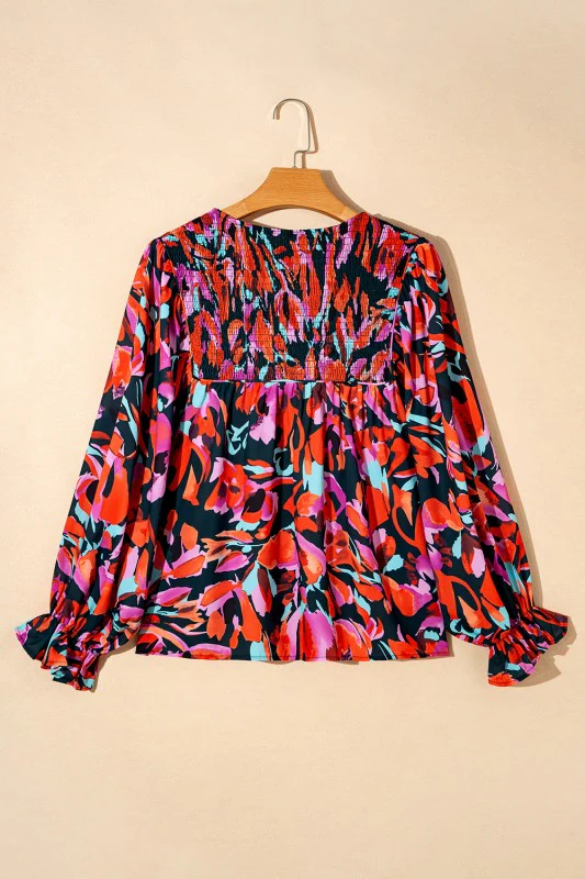Abstract Floral Shirred Detail Puff Sleeve Blouse - Image 4
