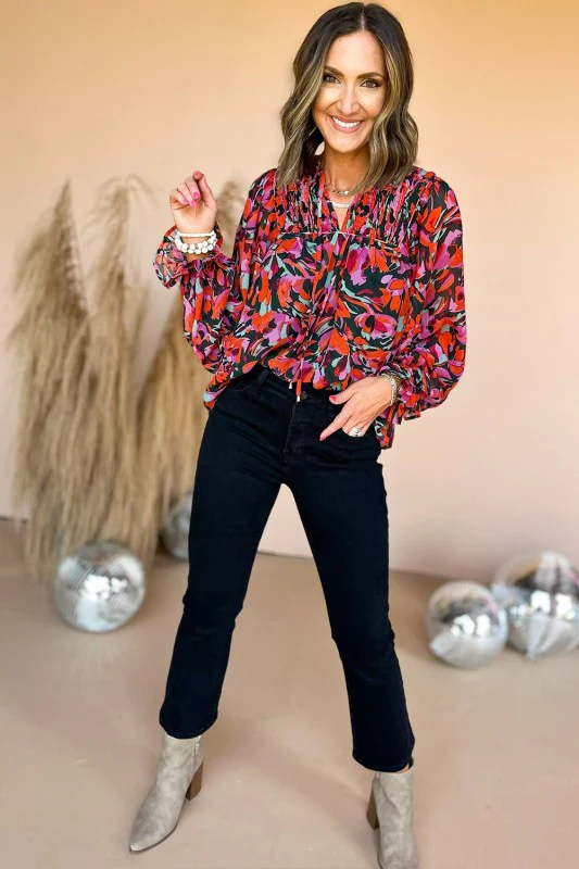 Abstract Floral Shirred Detail Puff Sleeve Blouse - Image 7