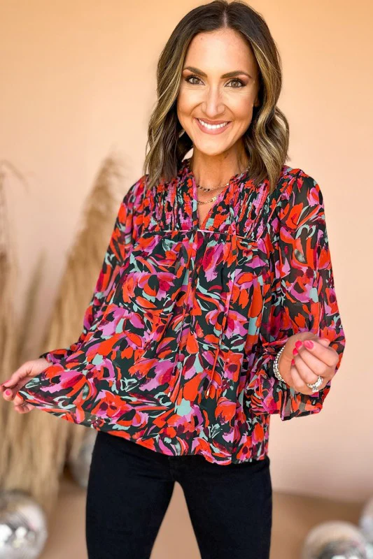 Abstract Floral Shirred Detail Puff Sleeve Blouse - Image 9