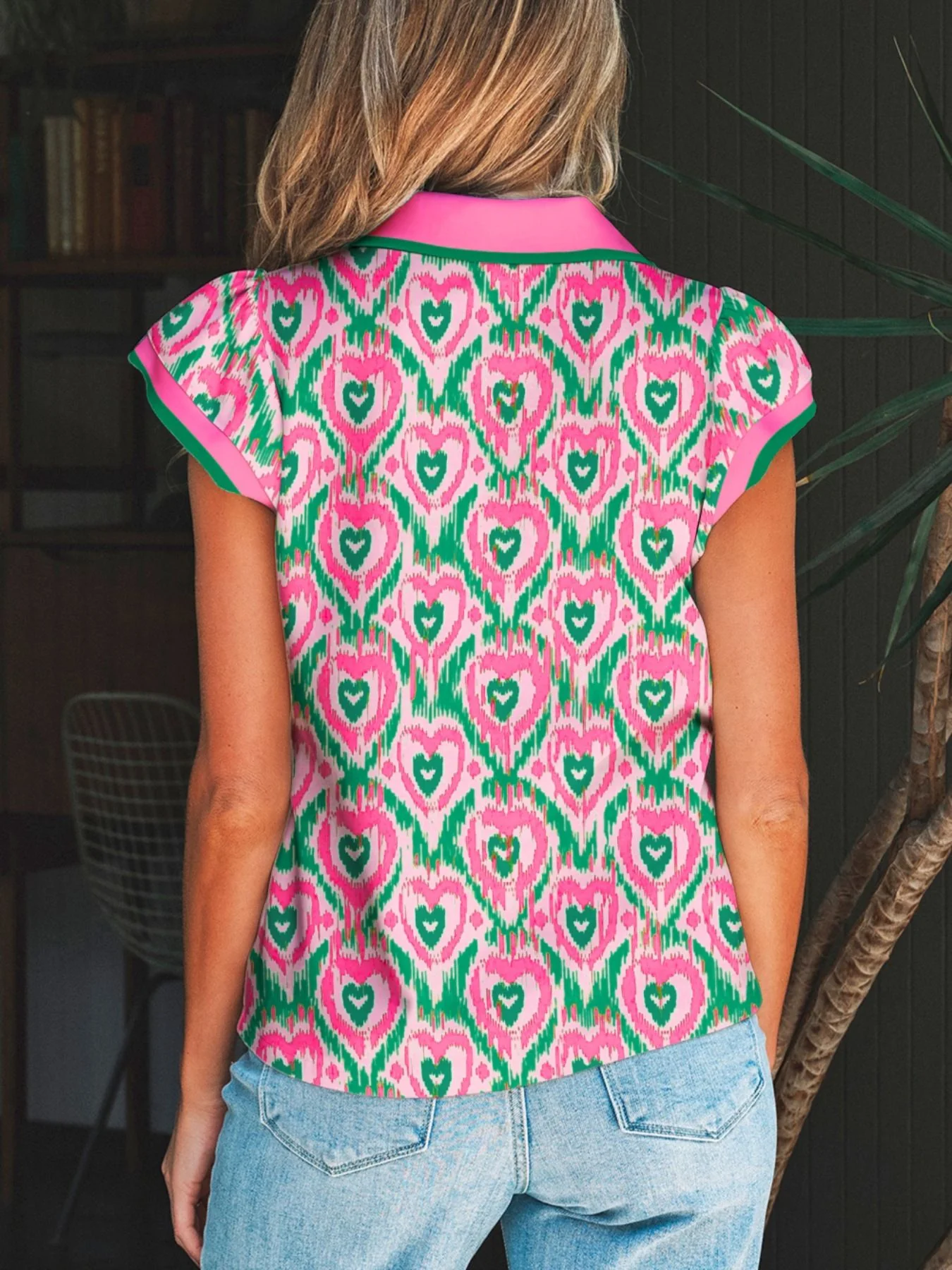 Abstract Heart In Heart Print Striped Trim Polo Collar Short Sleeve Blouse - Image 2