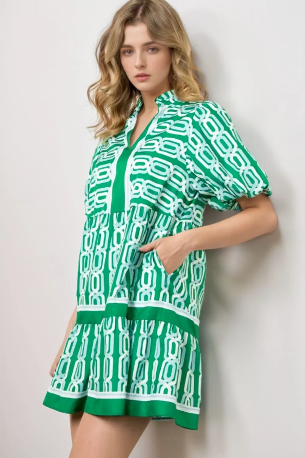 Abstract Patterned V Neck Puff Short Sleeve Mini Dress