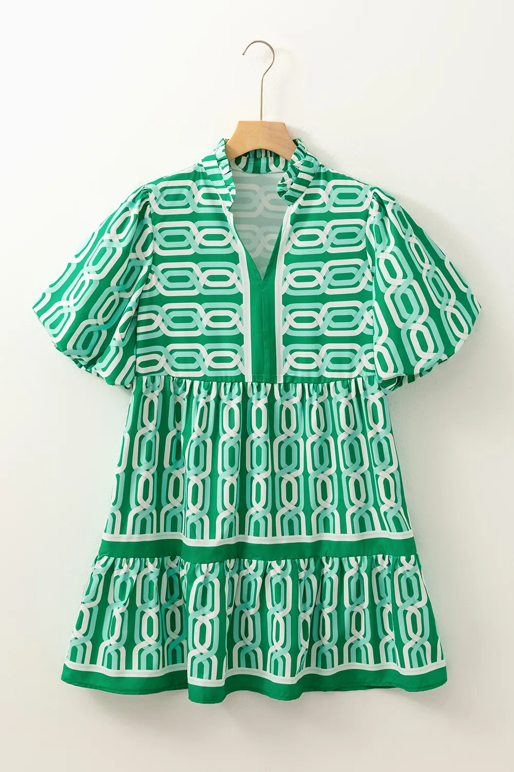 Abstract Patterned V Neck Puff Short Sleeve Mini Dress - Image 6