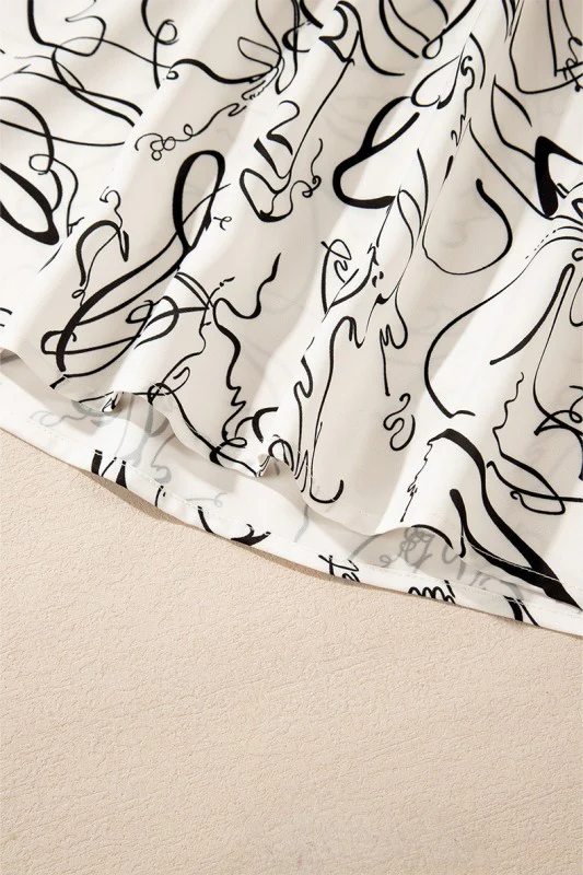 Abstract Print Balloon Sleeve Crew Neck Blouse - Image 2