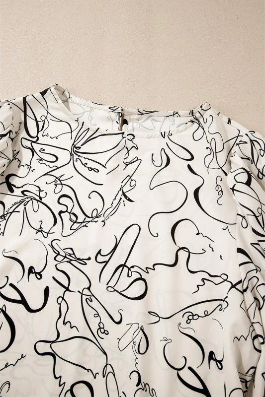 Abstract Print Balloon Sleeve Crew Neck Blouse - Image 5