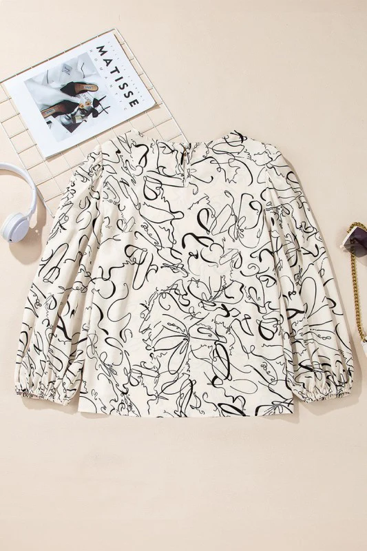Abstract Print Balloon Sleeve Crew Neck Blouse - Image 6