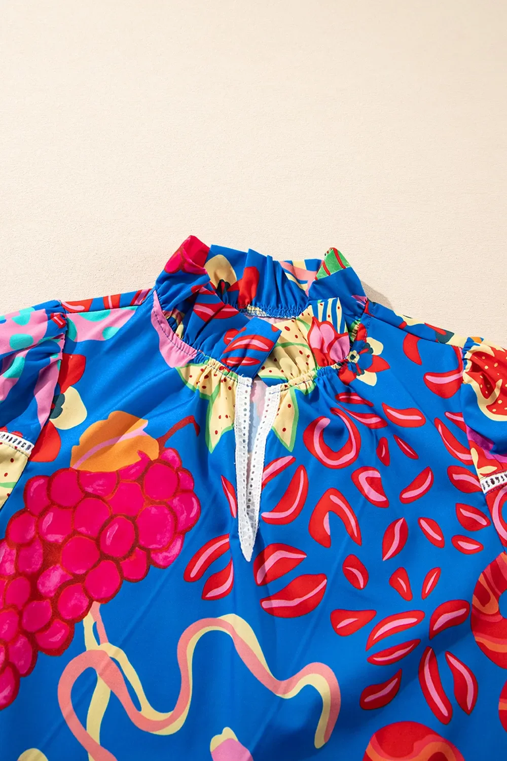 Abstract Print Frilled Collar Ruffled Puff Short Sleeve Top - Image 8