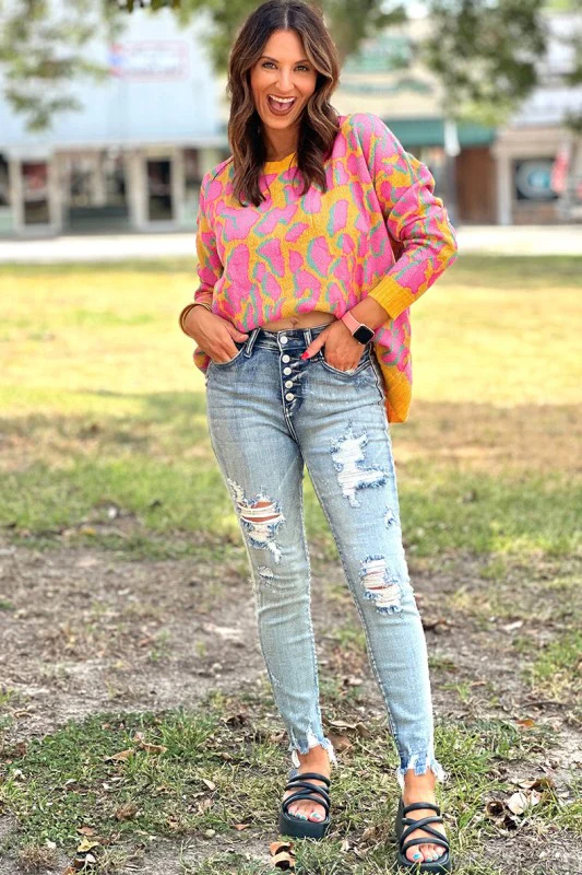 Abstract Print Ribbed Trim Baggy Sweater - Image 13