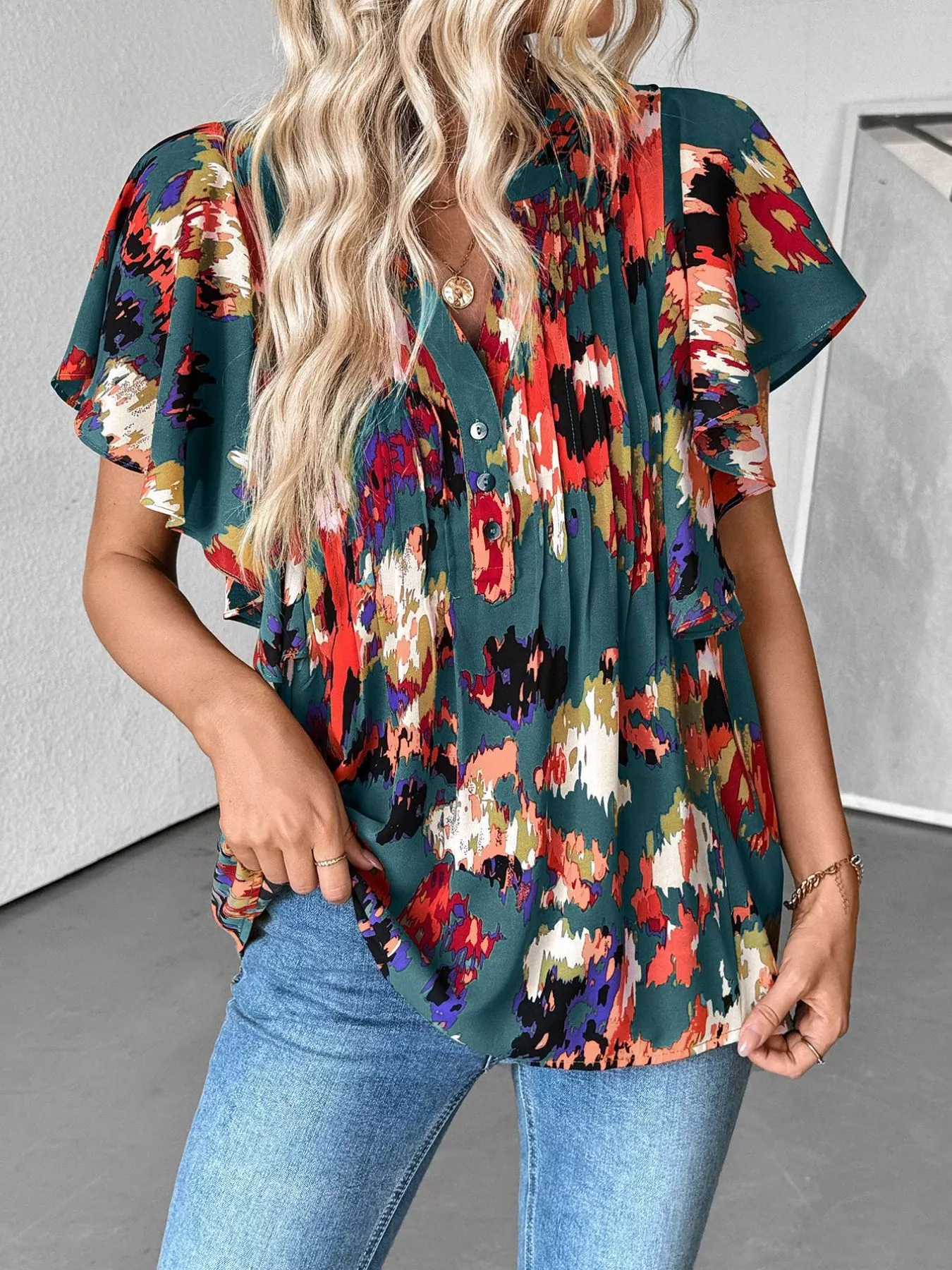 Abstract Print Ruffle Sleeve Blouse - Image 3