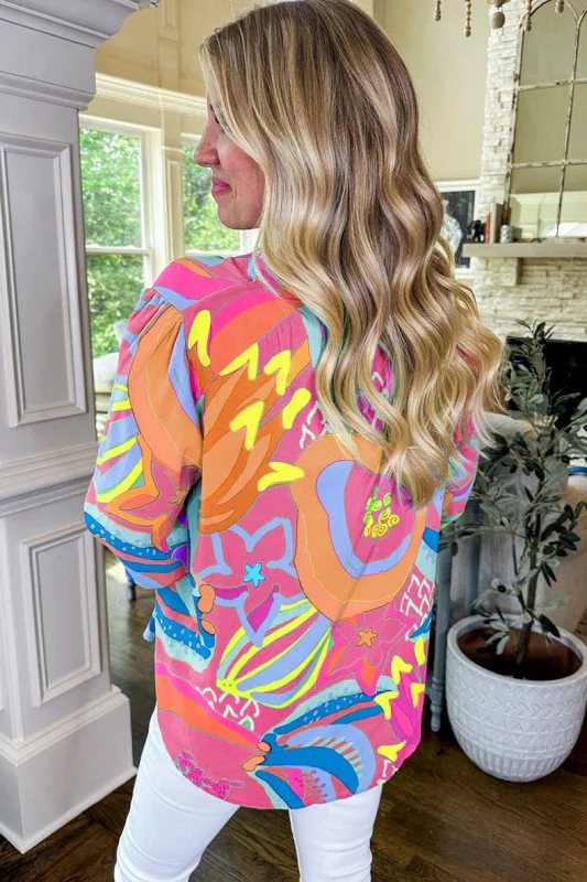 Abstract Print Ruffled Sleeve Buttoned Blouse - Image 3