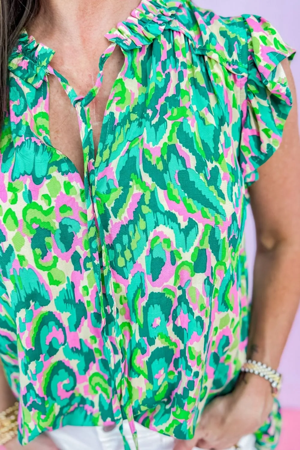 Abstract Print Ruffled Trim Tie Neck Top - Image 6