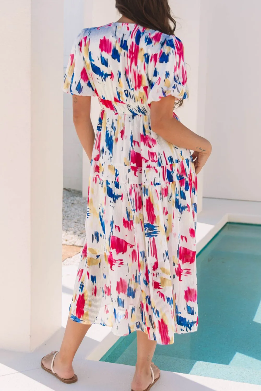 Abstract Print Short Puff Sleeve Tiered Maxi Dress - Image 3