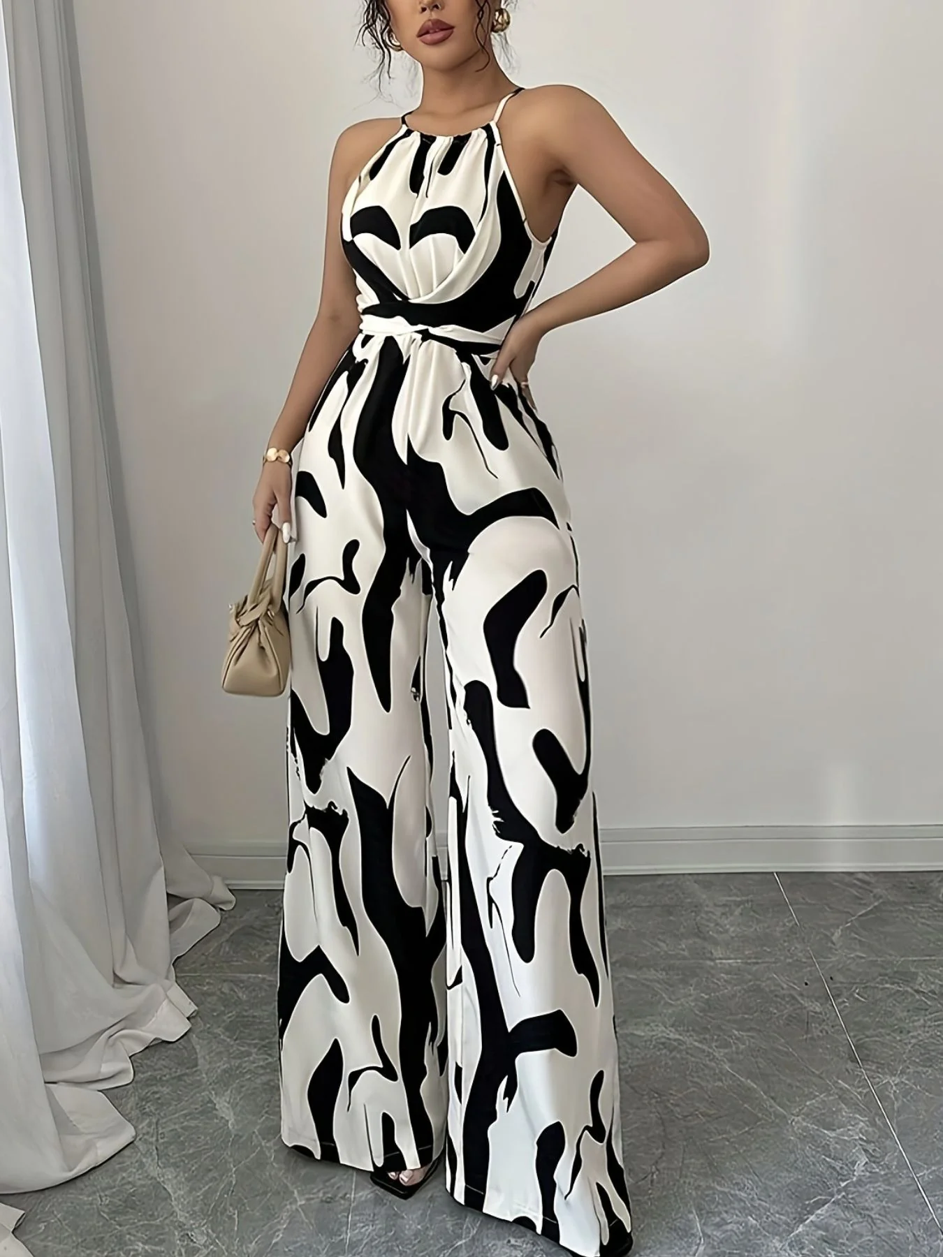 Abstract Print Sleeveless Wide Leg Jumpsuit - Image 2