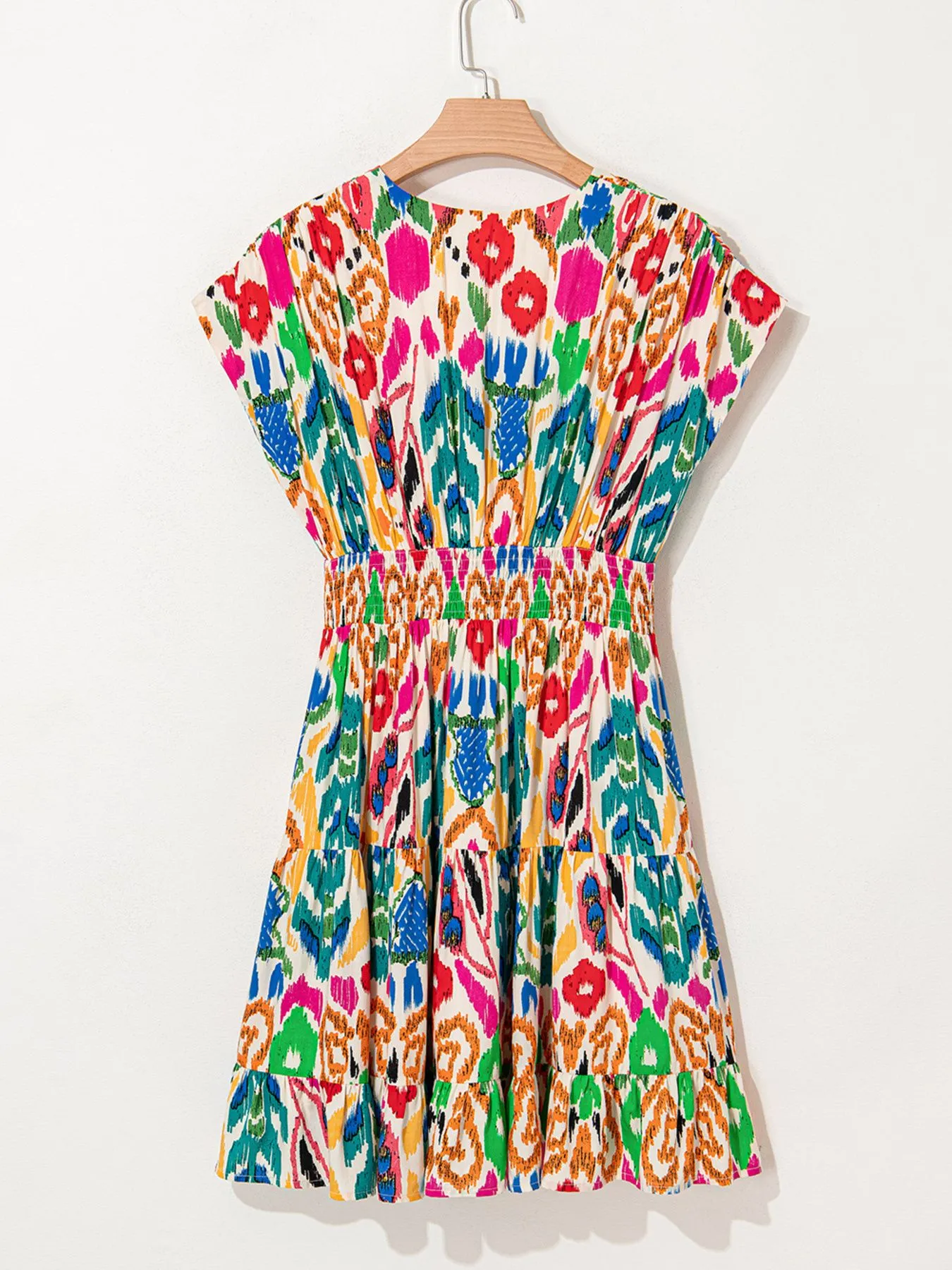 Abstract Print V Neck Dolman Sleeve Ruffle Tiered Mini Dress - Image 9