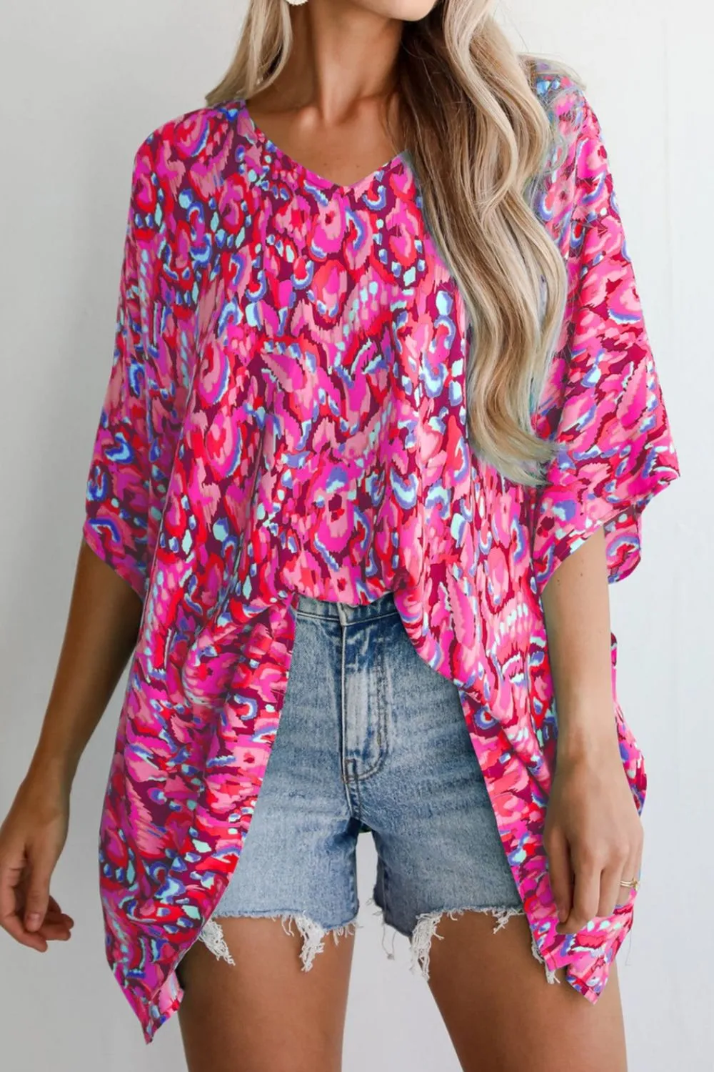 Abstract Print V Neck Half Sleeve Loose Fit Blouse - Image 10