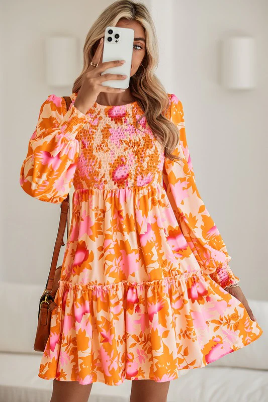 Abstract Smocked Bust Lantern Ruffle Mini Dress - Image 2