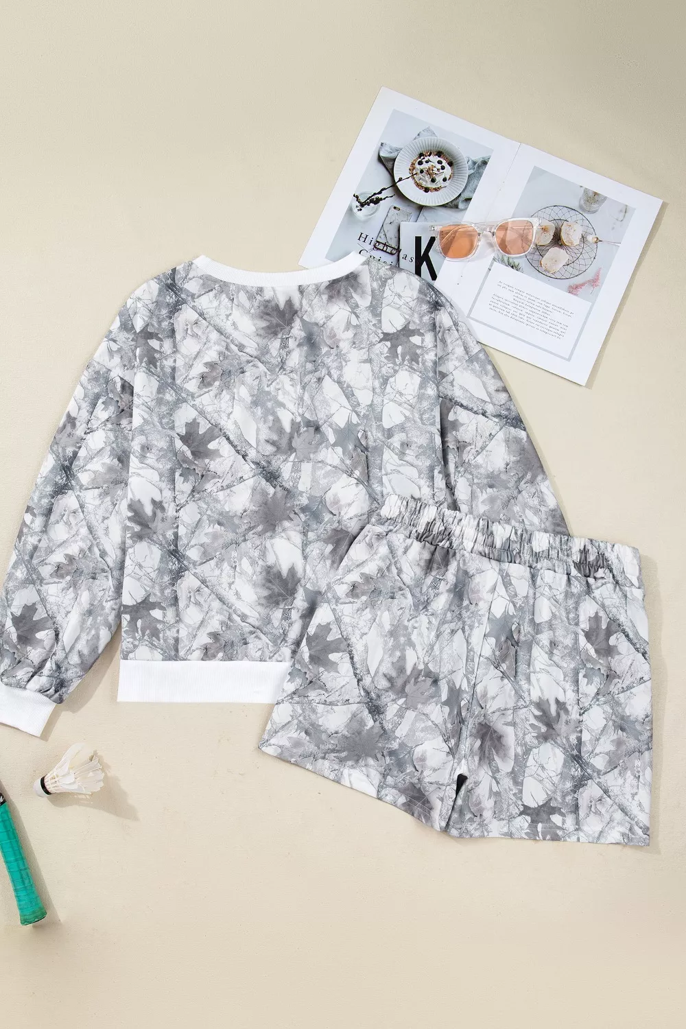 Abstract Woodland Camo Print Baggy Pullover Drawstring Shorts Set - Image 10