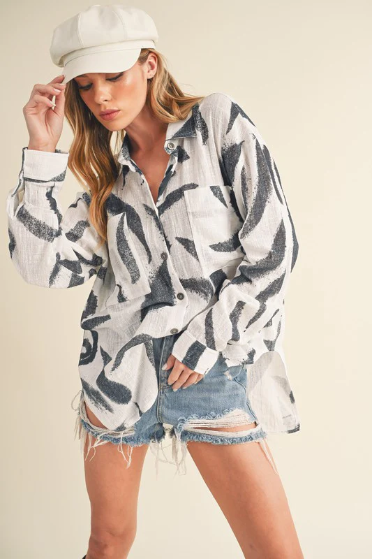 Aemi + Co High-Low Printed Button Up Long Sleeve Shirt - Image 2