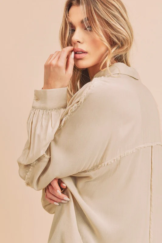 Aemi + Co Raw Edge Exposed Seam Collared Neck Long Sleeve Shirt - Image 3