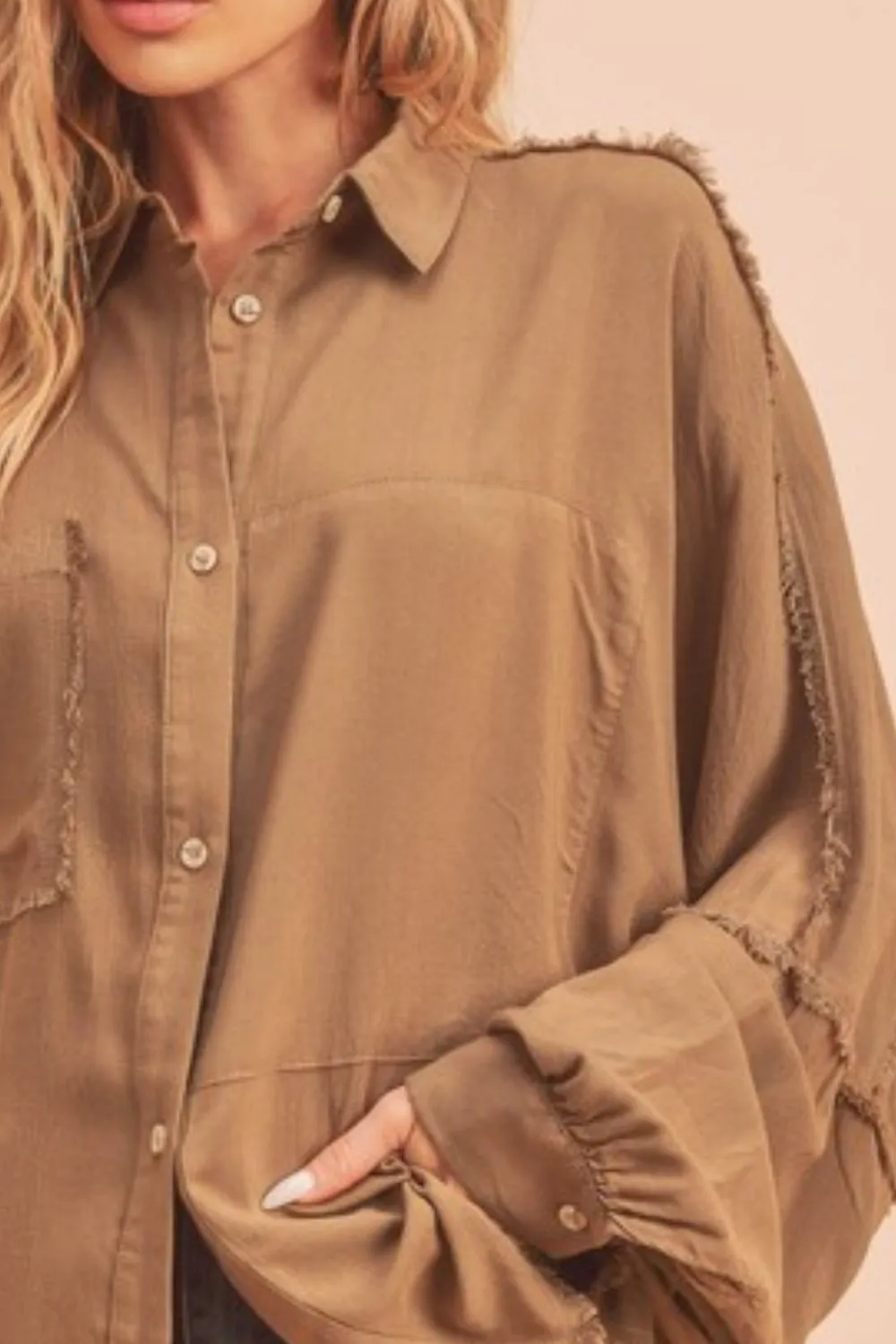 Aemi + Co Raw Edge Exposed Seam Collared Neck Long Sleeve Shirt - Image 3