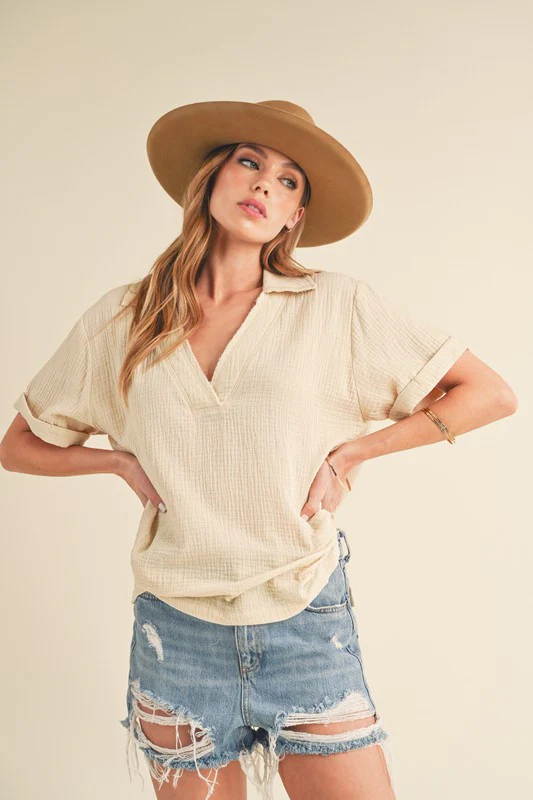 Aemi + Co Side Slit Johnny Collar Short Sleeve Cotton Gauze Blouse - Image 2