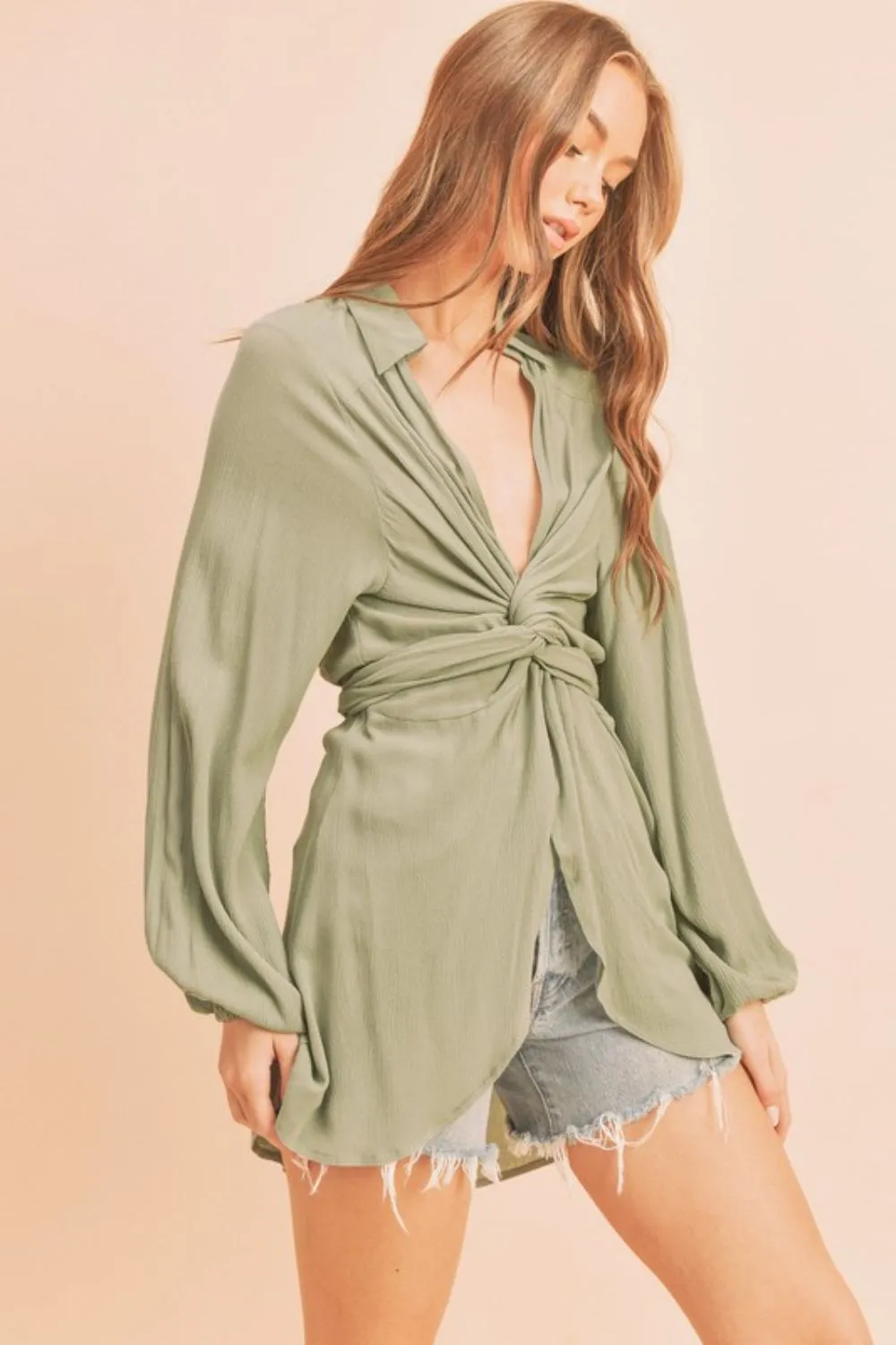 Aemi + Co Tied Collared Neck Long Sleeve Top - Image 2