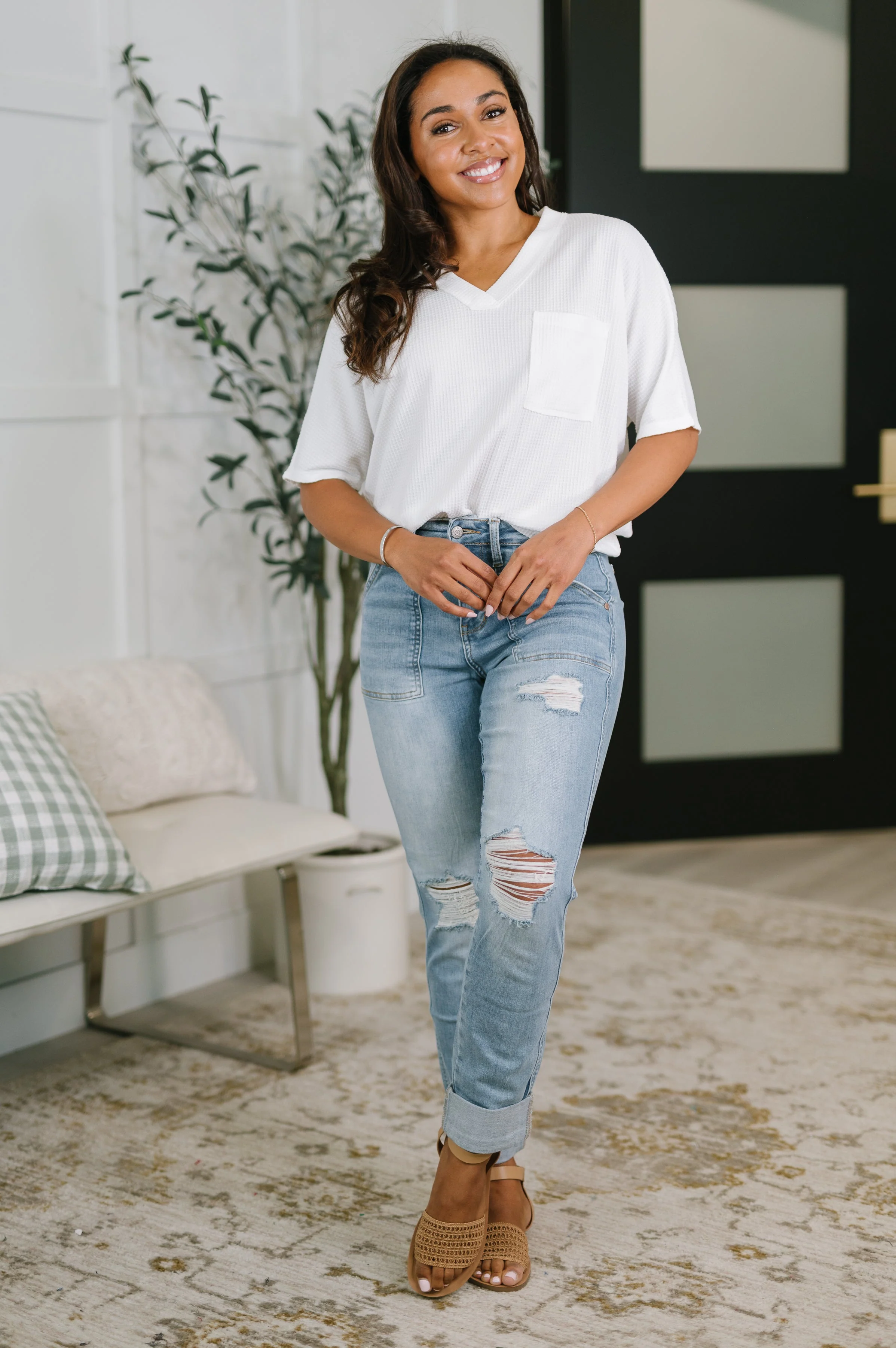 Aiden High Rise Patch Pocket Distressed Boyfriend Jeans - Image 3