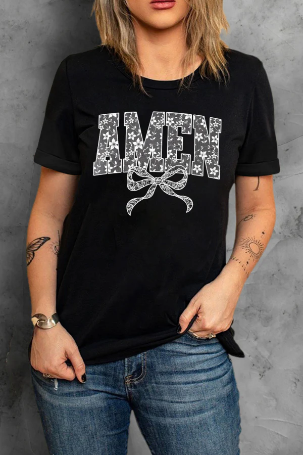 AMEN Bow Round Neck Short Sleeve T Shirt - Image 2