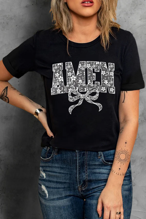 AMEN Bow Round Neck Short Sleeve T Shirt - Image 4